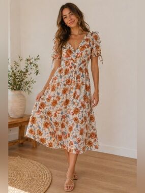 Hayden Floral Mini Dress Tie‎ Sleeve Cottagecore Small